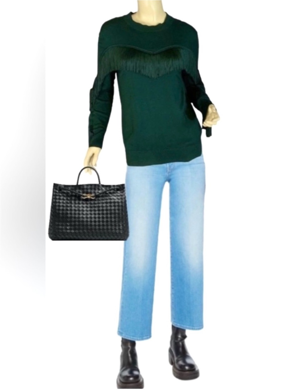 TED BAKER GREEN "ANIEBAL" FRINGE KNIT PULLOVER SWEATER (S)